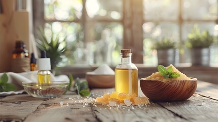 Obraz premium Homemade Natural Cleaning Products on Rustic Wooden Table with Copy Space