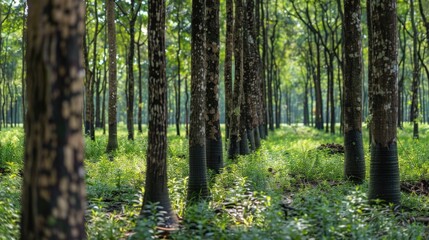 Fototapeta premium A serene forest scene with numerous green trees