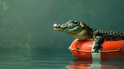 A crocodile as a lifeguard with a buoy