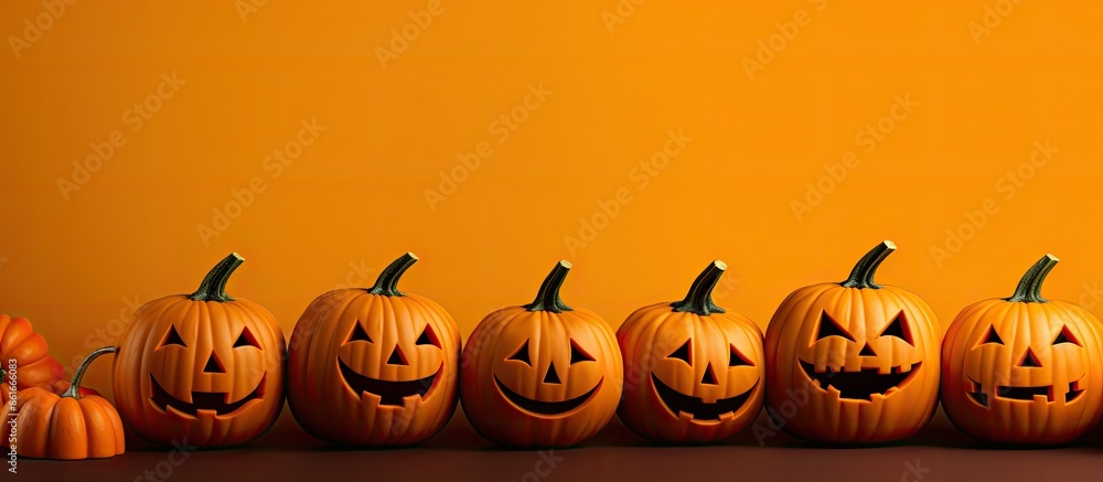 Poster halloween concept with pumpkins on an orange background, featuring a copy space image for text or de