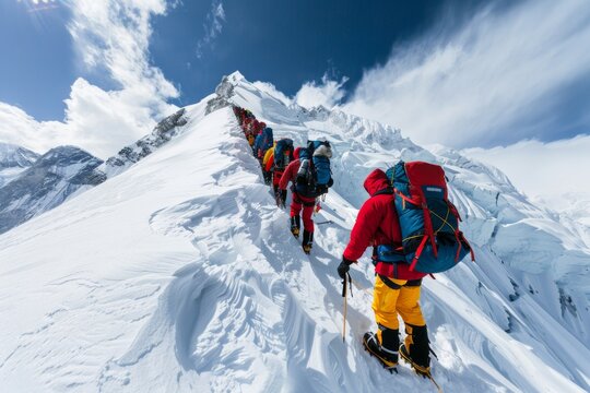 Team of Sherpas Guiding Climbers on Mount Everest Ascent, Demonstrating Teamwork in Bright Daylight