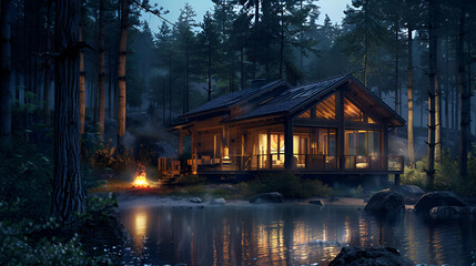 Fototapeta premium Secluded Cabin in the Woods: Nighttime Glow