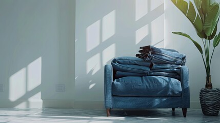 Stack of jeans in a living room setting with a white wall background