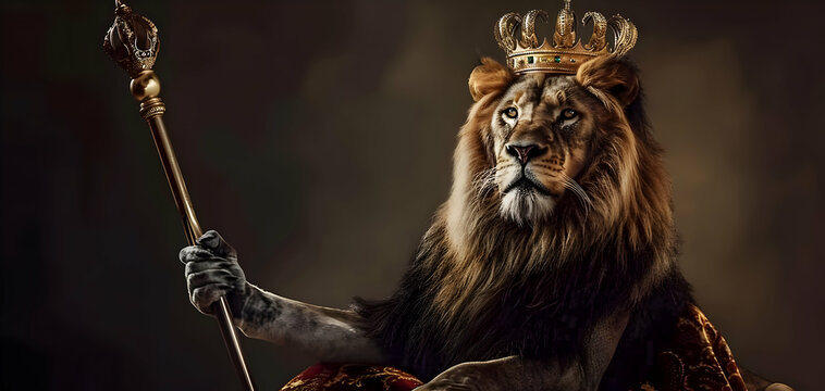 A lion as a king with a crown and scepter