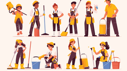 Fototapeta premium Cleaning staff. Cleaners characters commercial house