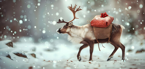 A reindeer as a delivery person with a sack of gifts