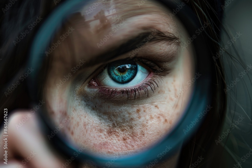Poster a person examines an object closely using a magnifying glass, suitable for illustrations on science 