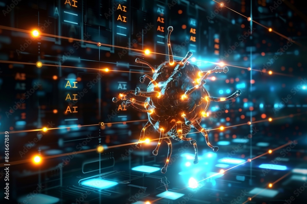 Poster cybernetic ai data visualization, vibrant glowing nodes and connections, advanced artificial intelli