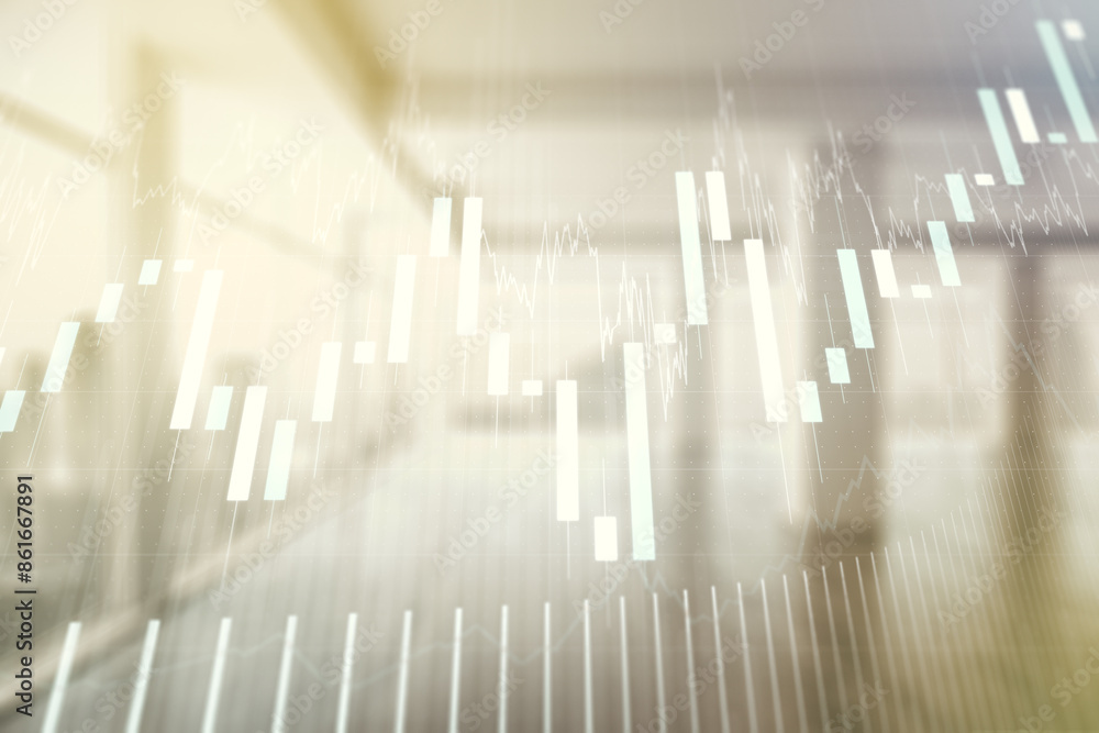 Poster multi exposure of virtual creative financial chart hologram on empty modern office background, resea
