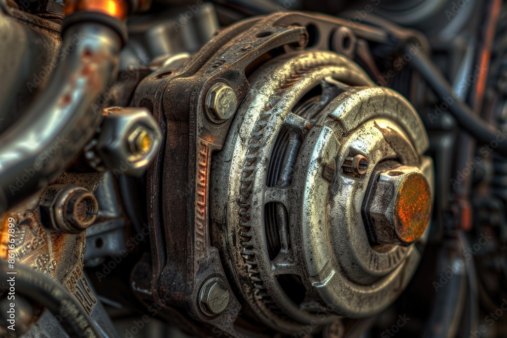 Poster A close up view of a motorcycle engine with various components visible, suitable for use in automotive or mechanical contexts