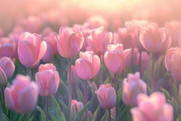 A field of pink tulips illuminated by the warm sunlight
