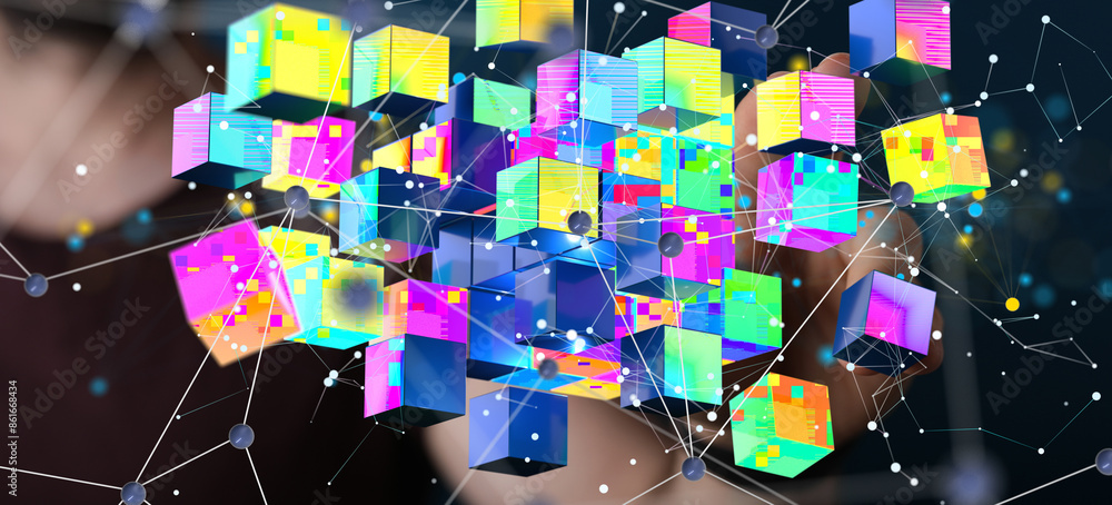 Poster Artificial Intelligence Cloud technology. Integrated digital web concept background