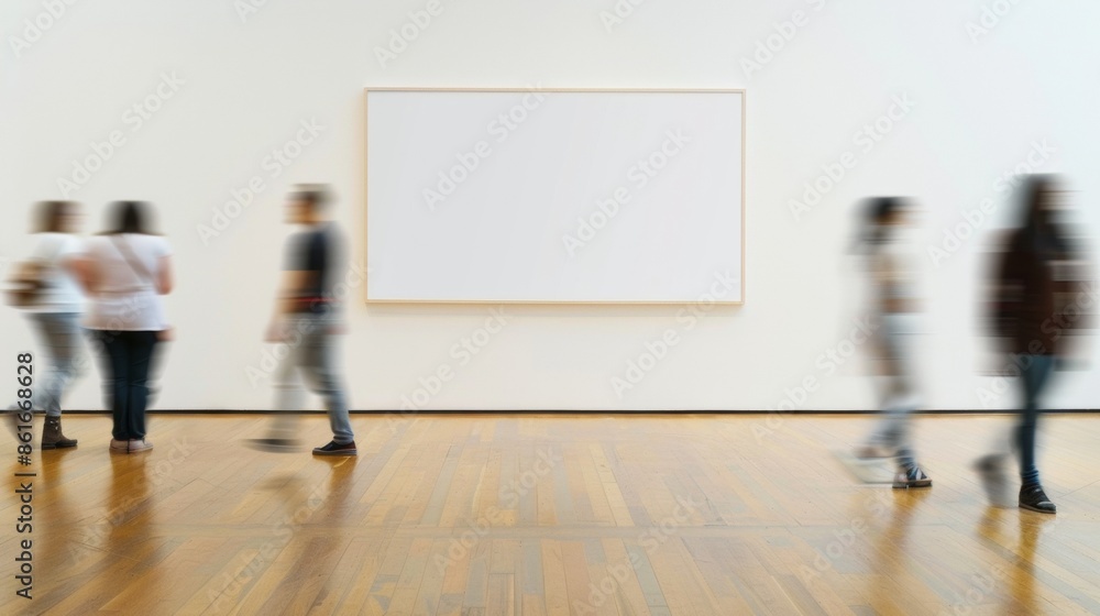 Poster Serene Art Gallery Ambiance with Motion-Blurred Visitors Passing by a Minimalist Mockup Frame in a Soft-Lit Modern Setting