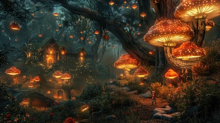 A surrealistic forest scene with outdoor enthusiasts partaking in various activities amidst oversized mushrooms and glowing flora