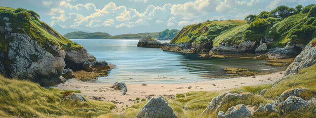 A tranquil coastal inlet, with calm waters sheltered from the open sea by rocky headlands, and sandy beaches stretching out into the distance