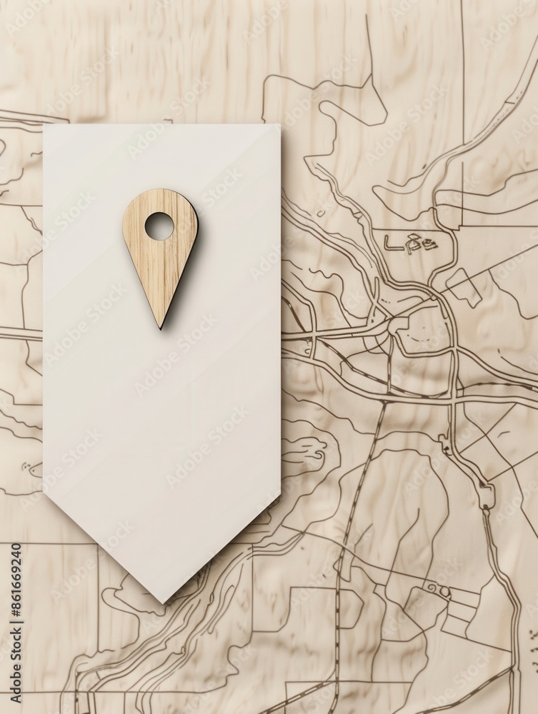 Poster a simple and modern image of a wooden location pin on a clean, minimalist map background. perfect fo