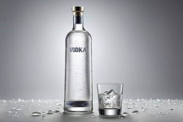 Vodka: A tall, elegant vodka bottle with condensation droplets, accompanied by a frosty glass of vodka with ice.