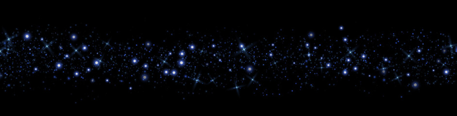 Blue glittering dots, particles, stars magic sparks. Glow flare light effect. Blue luminous points. Vector particles on black background.