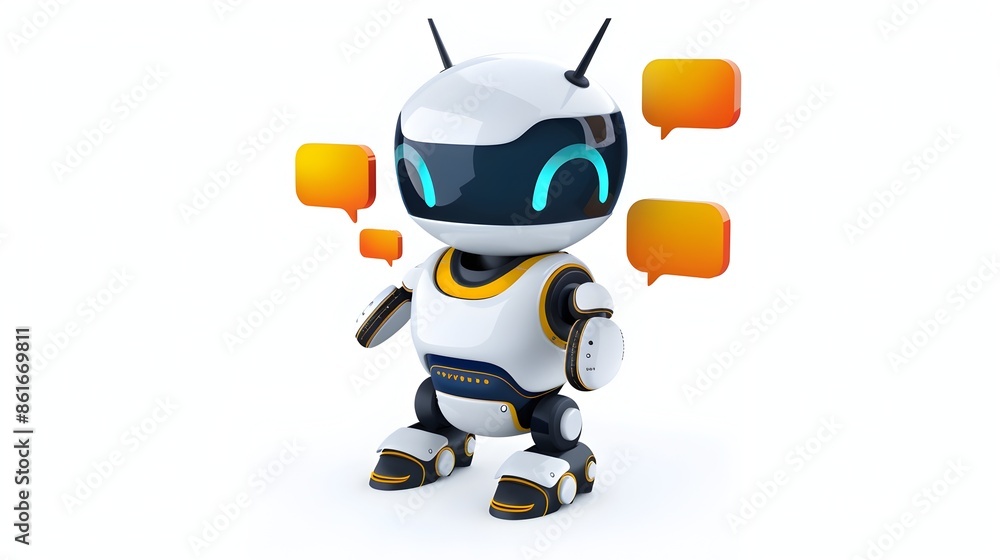 Poster friendly cartoon humanoid robot with speech bubbles promoting communication and interaction