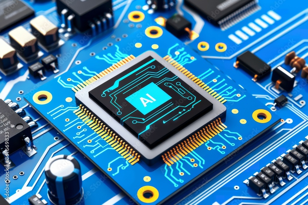 Poster ai microchip on a circuit board, advanced artificial intelligence technology, electronic components,
