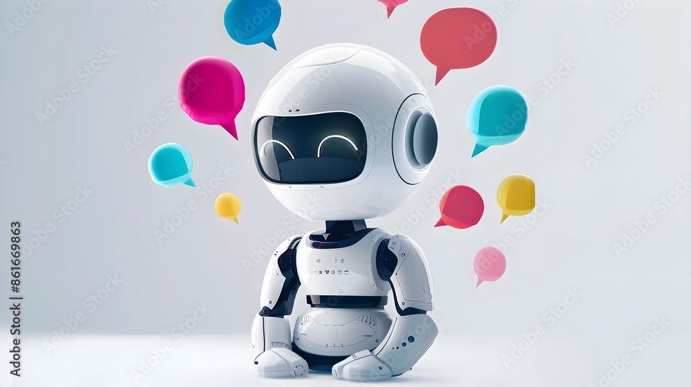 Poster friendly robotic assistant chatting with colorful speech bubbles