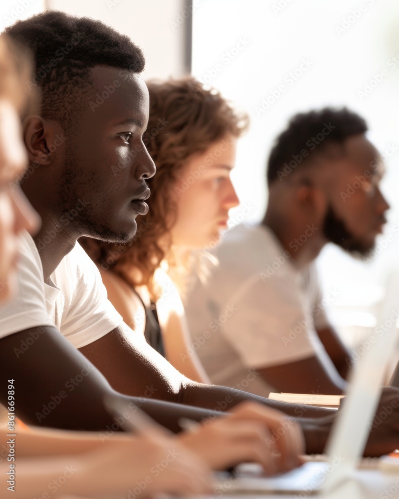 Poster diverse group of college students collaborating on project in bright modern classroom
