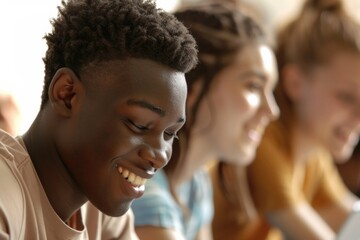Obraz premium High School Students of Various Ethnicities Engaged in Collaborative Study with Textbooks and Digital Devices in Classroom