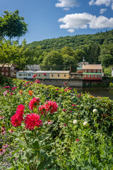View of the picturesque town of Shelburne Falls, Massachusetts and it's scenic Bridge of Flowers.
