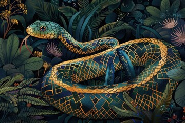 Obraz premium Ornate serpent illustration amidst a dense jungle setting implies mystery and nature