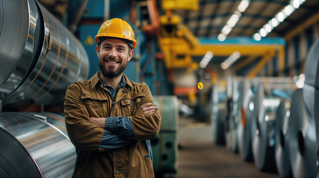 Smiling industrial worker posing with arms crossed in steel factory