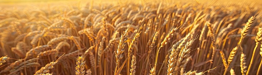 Golden wheat field under the sunlight, showcasing the beauty of agriculture and nature in a serene countryside setting.