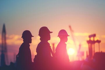 Fototapeta premium Silhouette of engineers and construction team working at a site during sunset, creating an atmospheric industrial background with soft pastel colors and light flare
