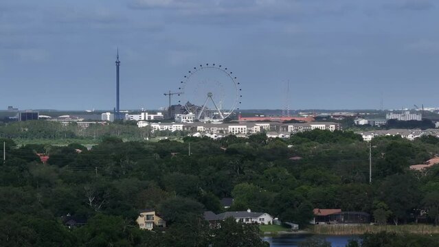 A breathtaking aerial view of International Drive, Orlando, capturing the bustling thoroughfare, iconic attractions, vibrant hotels, shopping centers, and lively atmosphere from a distance.