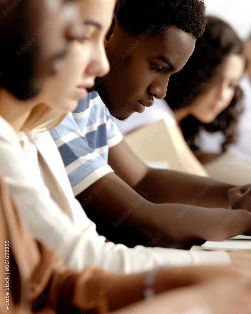 Poster multiracial college students collaborating on academic project in modern classroom, using laptops an