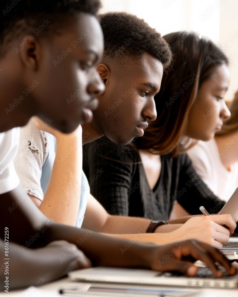 Poster multiracial college students collaborating on project in modern classroom using technology