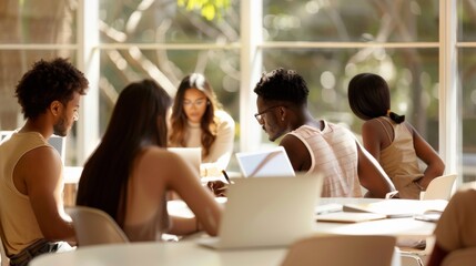 Diverse College Students Studying Together in a Sunlit Library, Engrossed in Learning Amidst Books and Laptops