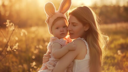 A heartwarming scene of a mother holding her baby, who is wearing a bunny ear hat, while standing in a sunny field.