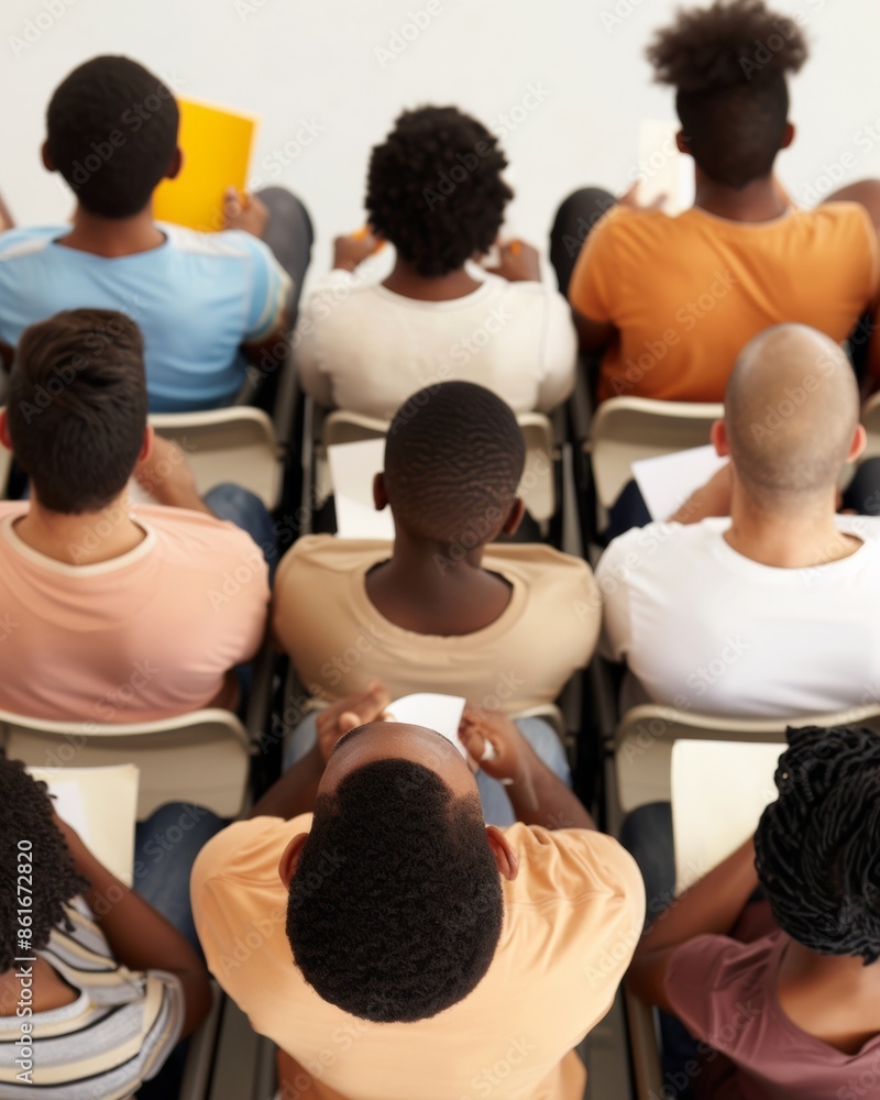 Poster engaged diverse college students listening to a lecture in a modern classroom setting