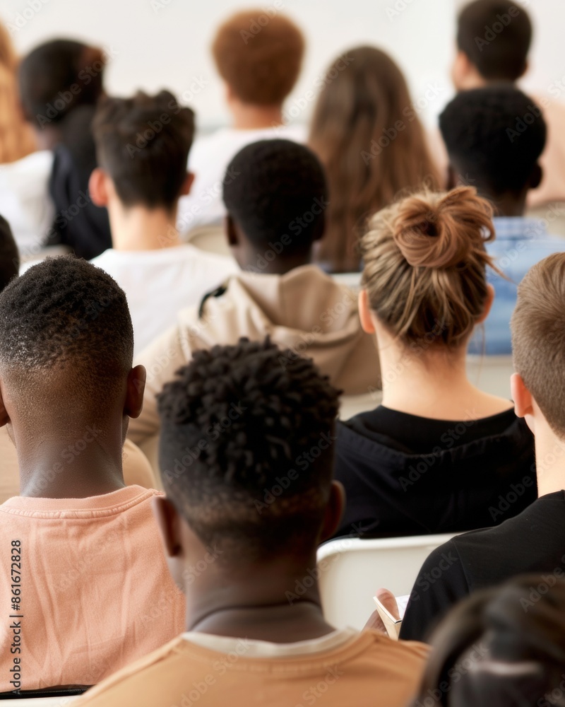 Poster diverse college students engaged in learning during a lecture in a modern classroom