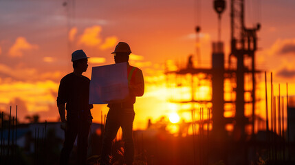 Silhouette of engineers and construction team working at a site with a pastel sunset background, ideal for industrial and engineering projects.