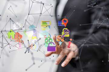 Neural network 3D illustration. Big data and cybersecurity