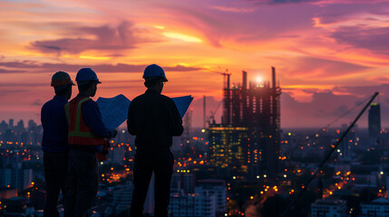 Fototapeta premium Silhouette of engineers and construction team working at a site with a pastel sunset background, ideal for industrial and engineering projects.