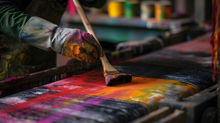 Fototapeta premium Close-up of a Hand Painting a Fabric with a Large Paintbrush