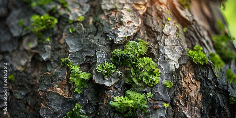 Poster discovering the intricate world of moss structures on tree bark a close-up look at spores and detail