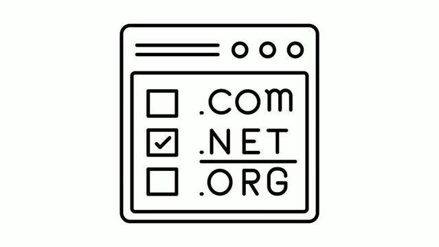 Top Level Domain or tld Registration Service animated video, dot com net org selection in browser window footage, Cloud computing and Internet hosting service clip, choosing URL for website animation
