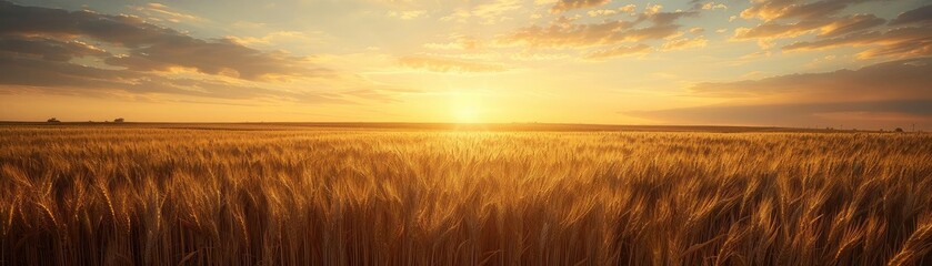Obraz premium Golden wheat field glowing under the setting sun, capturing the serene beauty of nature and agriculture during sunset.