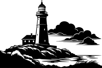 Lighthouse on the seaside sketch hand drawn vector