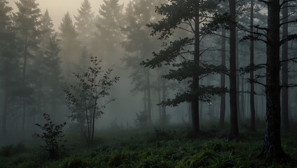 Obraz premium The sense of tranquility and mystery that pervades a fog-covered forest at dawn ai_generated