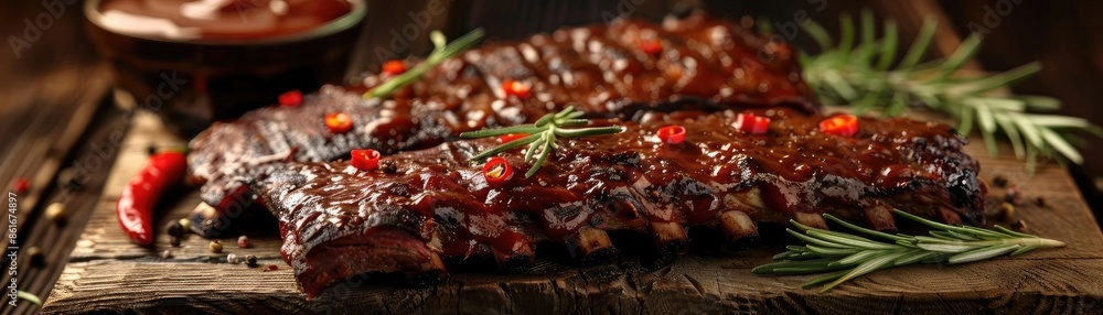 Wall mural close-up of delicious, perfectly grilled ribs garnished with herbs and red pepper, served with a bow - Wall murals