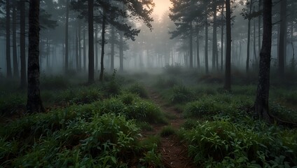 Fototapeta premium The sense of tranquility and mystery that pervades a fog-covered forest at dawn ai_generated